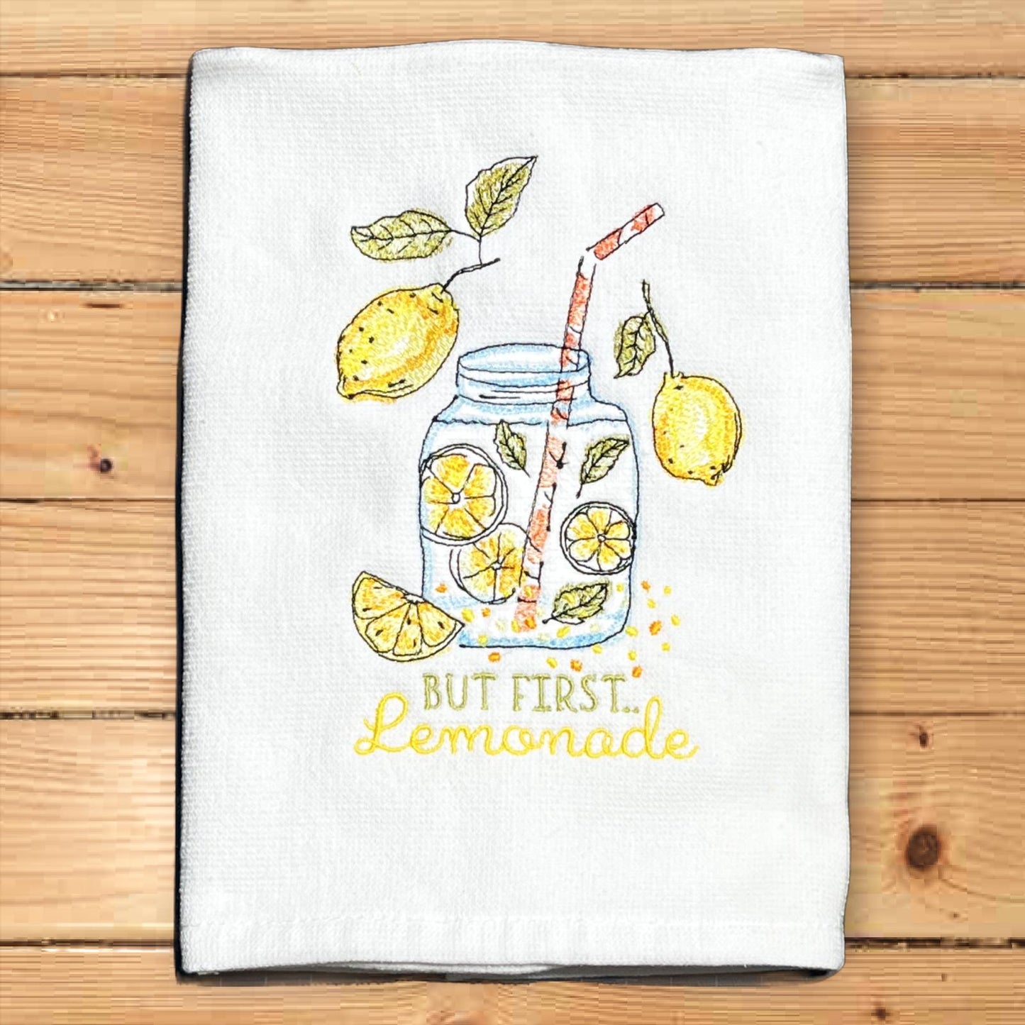 Lemonade Embroidered White Hand. Farmhouse, Summer Vibes. Fruit theme. But First Lemonade. Yellow fruit. Limoncello. Mason Jar. Lemon Juice