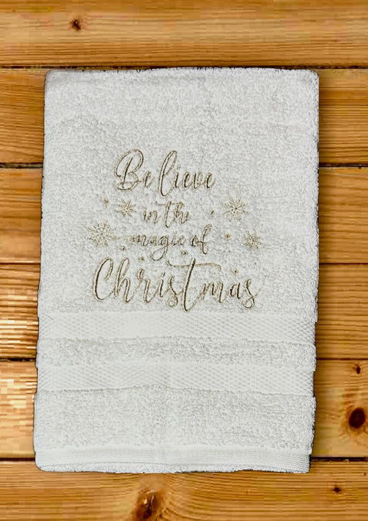 Christmas Hand Towel - Christmas-holiday Towels. Holiday Bathroom towels. BELIEVE in the Magic of Christmas Embroidered Hand Towel.