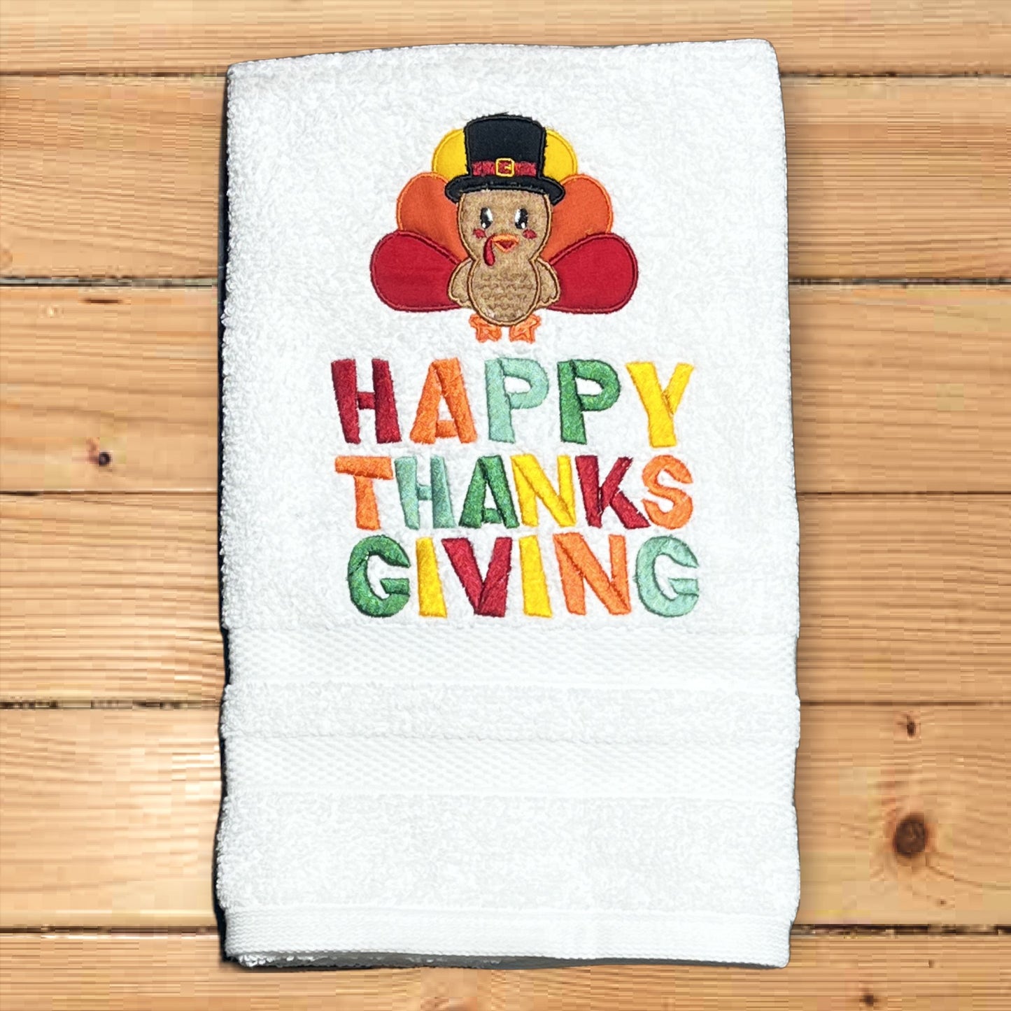 Fall Embroidered  White hand Towel. Turkey - Happy Thanks Giving. Thanksgiving  Autumn.