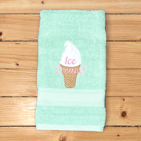 Ice Cream Design Embroidered Mint  Hand Towel. Ice Cream Beach Theme. Summer Vibes. Warm season. Ice cream scoops. Waffle Cone.