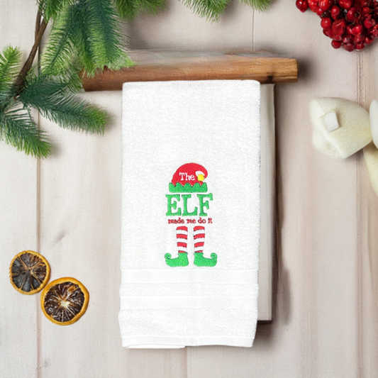 Christmas Hand Towel - Christmas-holiday Towels. Holiday Bathroom towels. Elf Made me Do It Embroidered Hand Towel