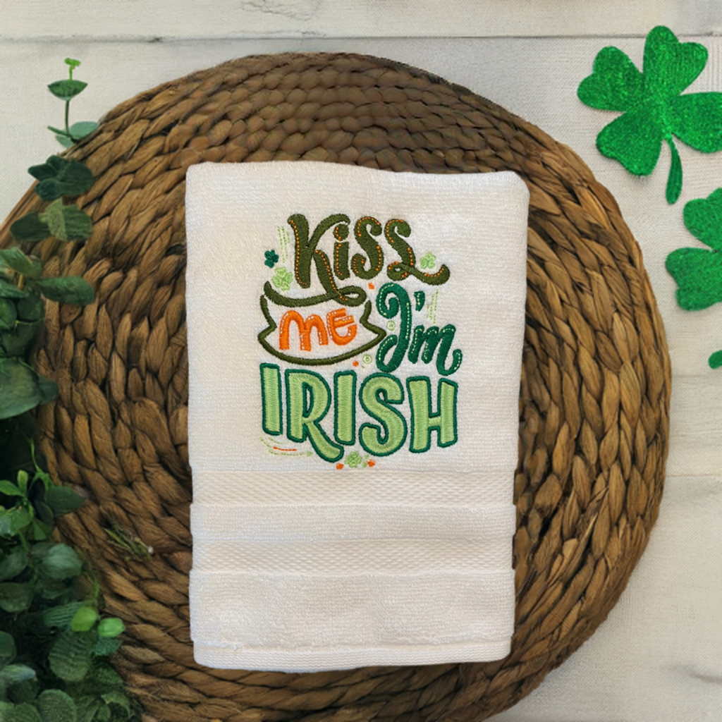 kiss Me I’m Irish Embroidered  White hand Towel. Bathroom Towel. Hand Towel. personalized Gifts. St. Patrick’s