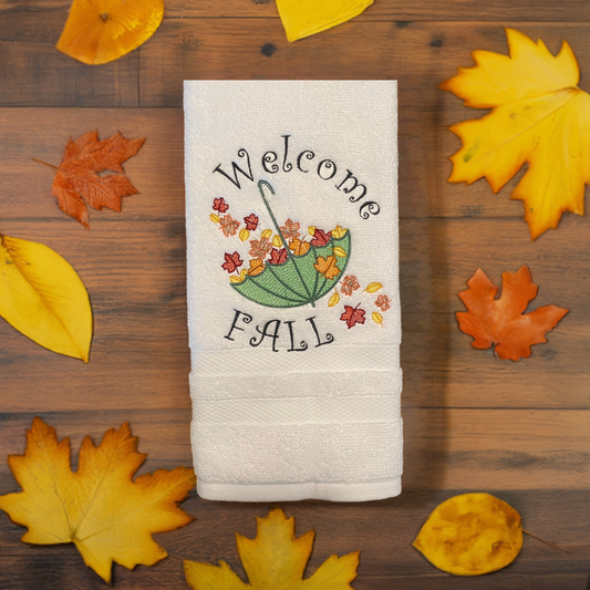 Fall Embroidered  White hand Towel. Autumn Parasol, Welcome Fall Umbrella with autumn leaves.