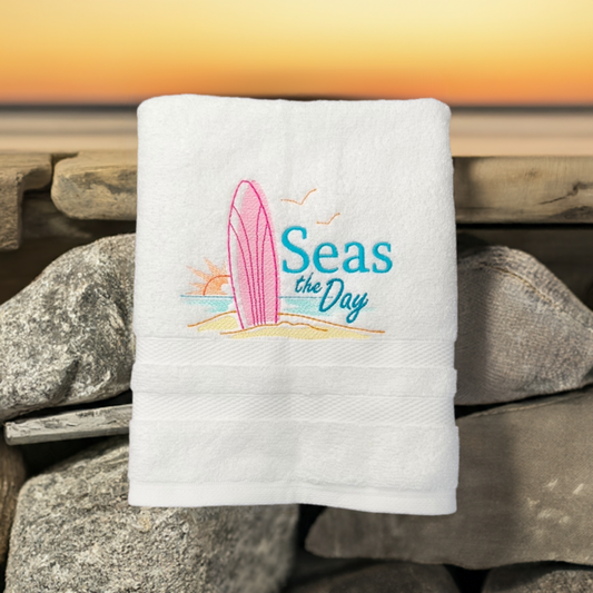 Beach Design Embroidered  White hand Towel. Seas the Day. beach theme, Surf & waves.