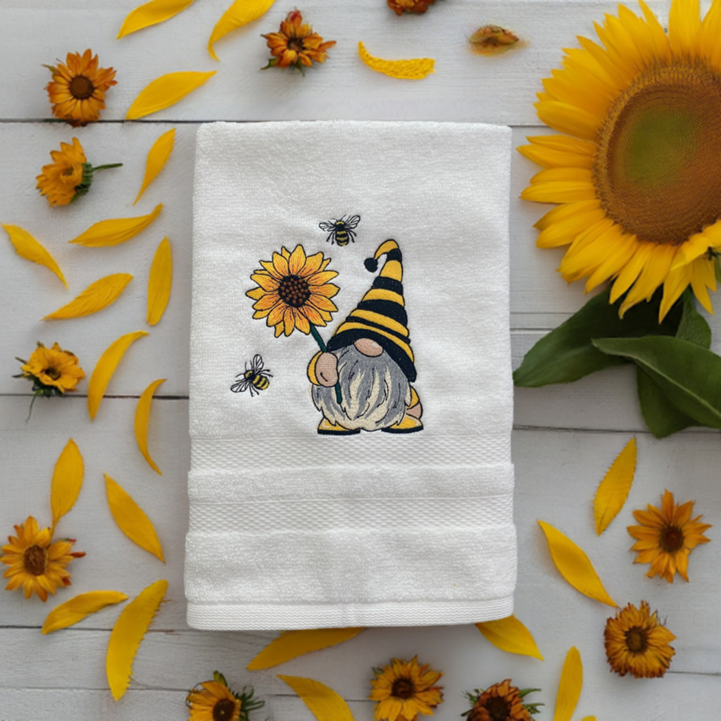 Bee- Gnome Design Embroidered  White hand Towel. Gifts. Bathroom Decor