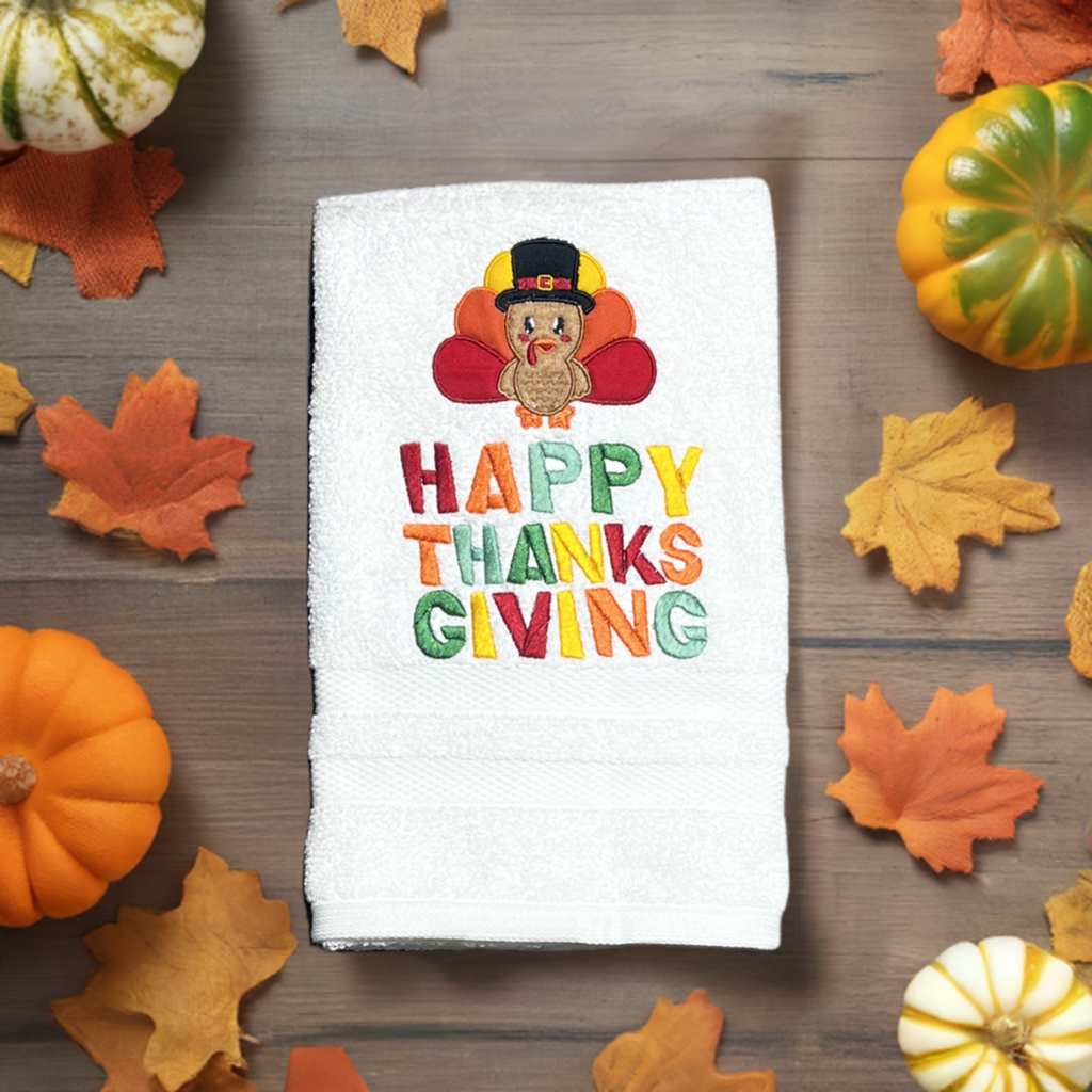 Fall Embroidered  White hand Towel. Turkey - Happy Thanks Giving. Thanksgiving  Autumn.