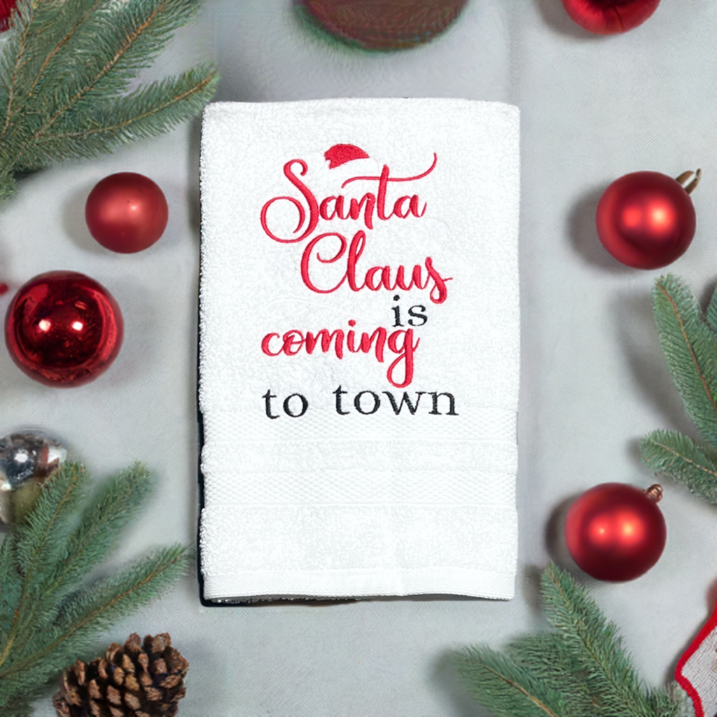 Christmas Hand Towel - Christmas-holiday Towels. Holiday Bathroom towels. Santa Clauss is Coming to Town Embroidered Hand Towel