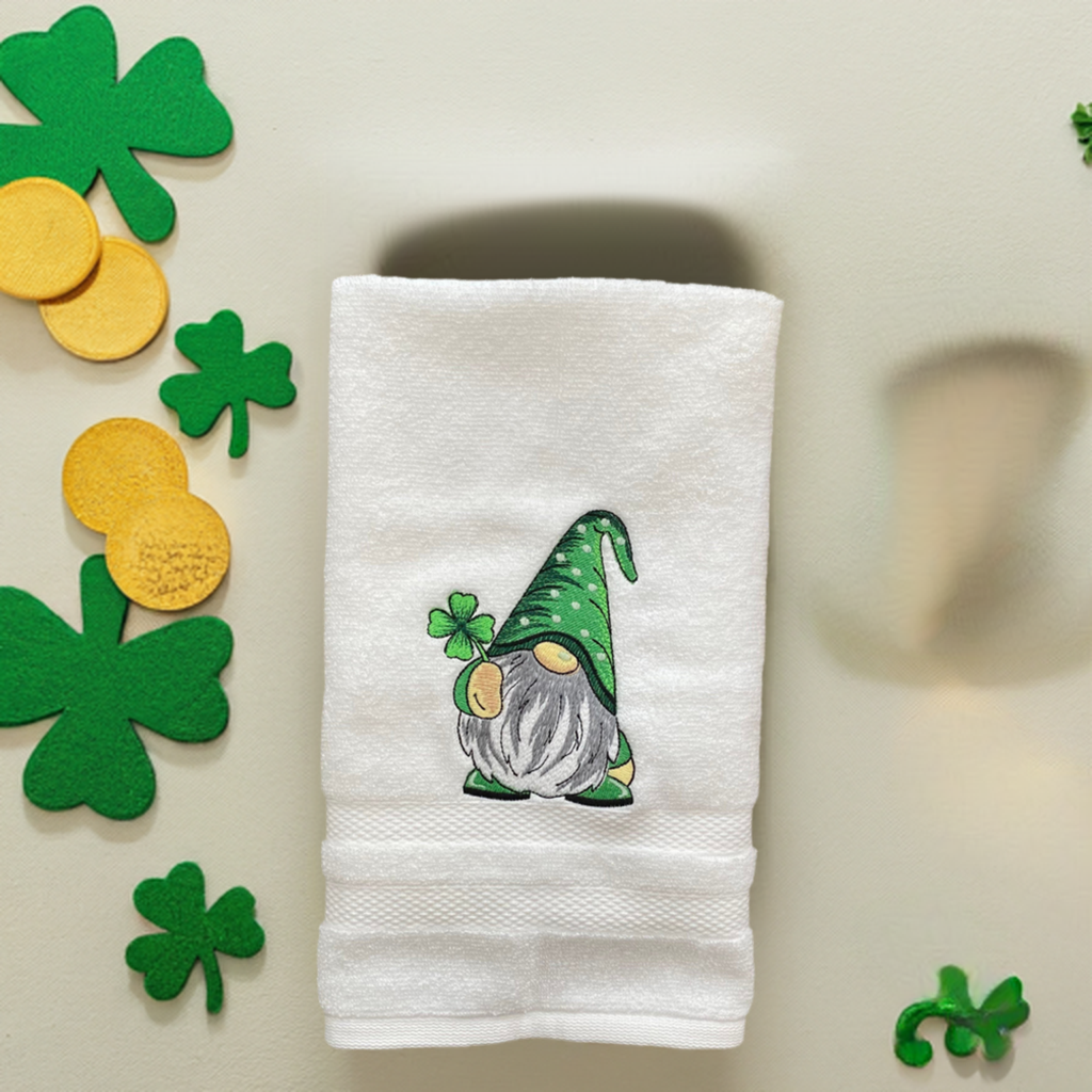 St Patrick’s Gnome Hand Towel - Embroidered hand Towels. Bathroom towels. Embroidered. Gifts for any occasion.