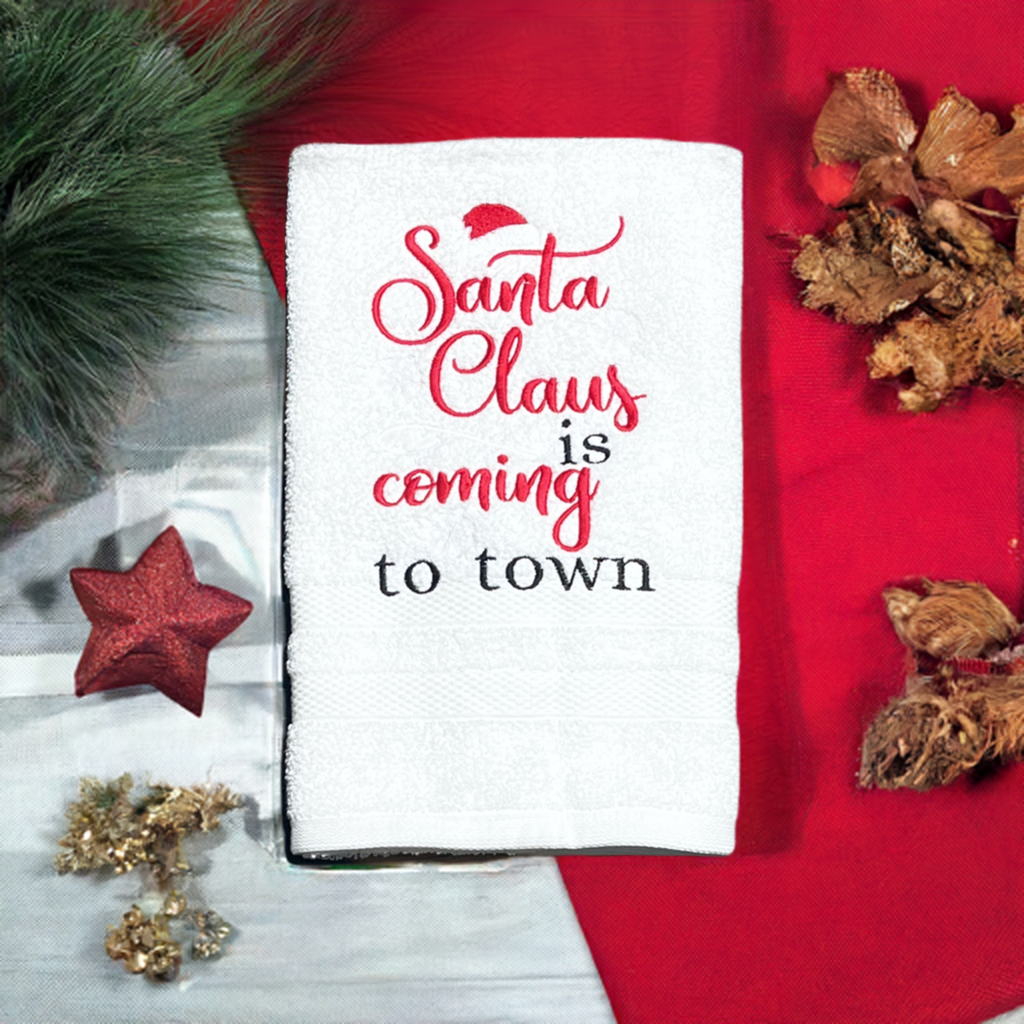 Christmas Hand Towel - Christmas-holiday Towels. Holiday Bathroom towels. Santa Clauss is Coming to Town Embroidered Hand Towel