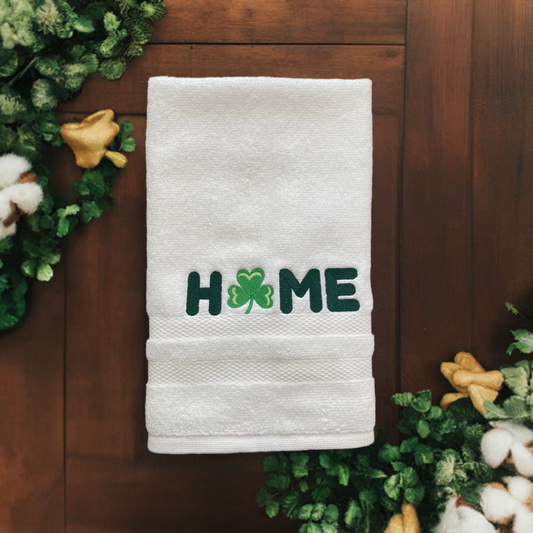 St Patrick’s HOME with Clover Hand Towel - Embroidered hand Towels. Bathroom towels. Embroidered. Gifts for any occasion.