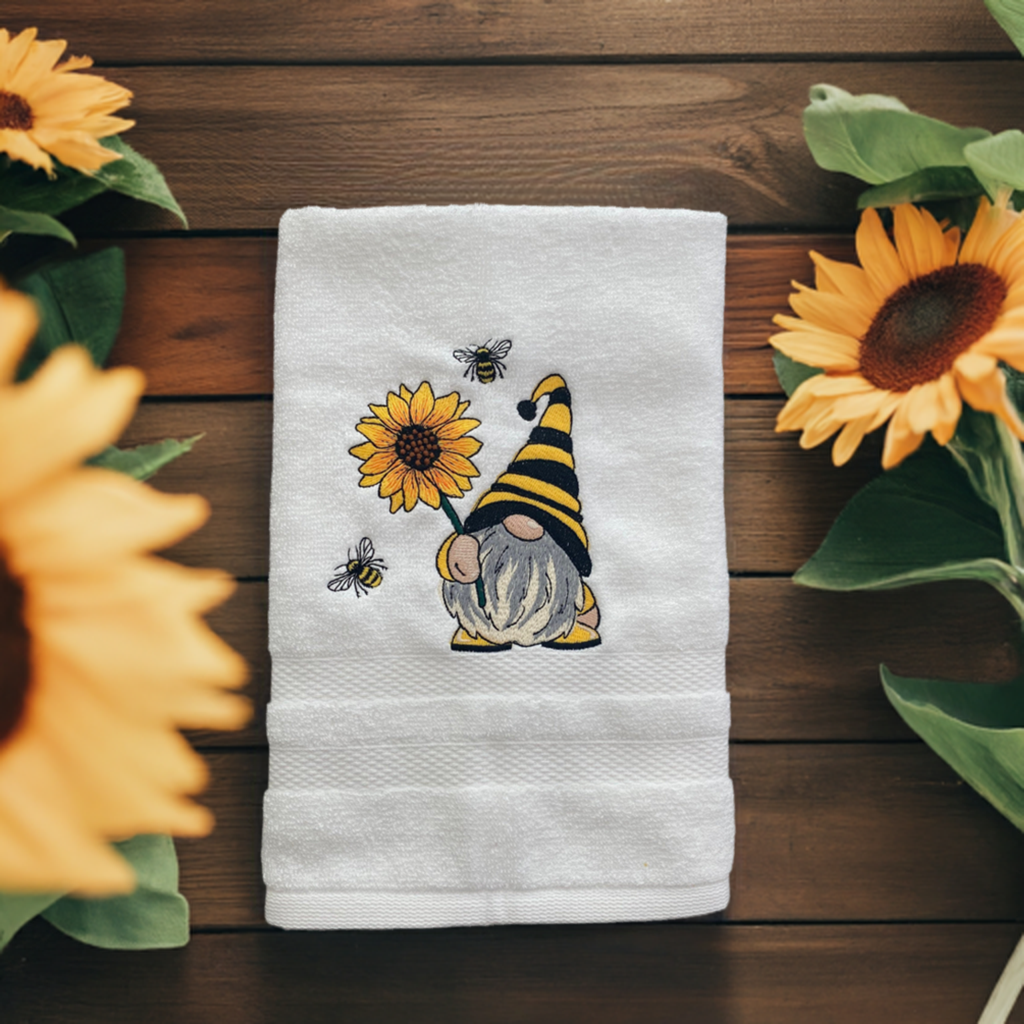 Bee- Gnome Design Embroidered  White hand Towel. Gifts. Bathroom Decor