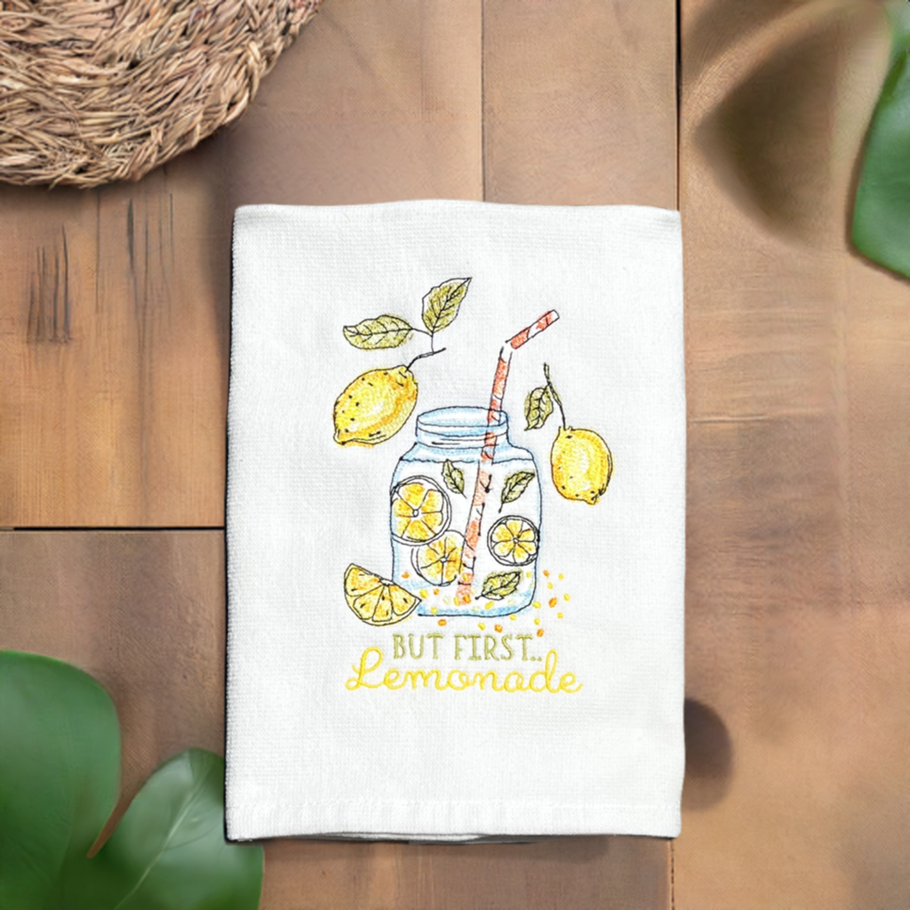 Lemonade Embroidered White Hand. Farmhouse, Summer Vibes. Fruit theme. But First Lemonade. Yellow fruit. Limoncello. Mason Jar. Lemon Juice