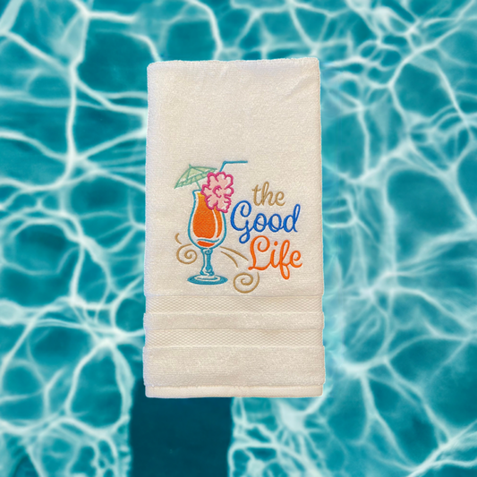 The Good Life Beach Design Embroidered  White hand Towel. The Good Life.