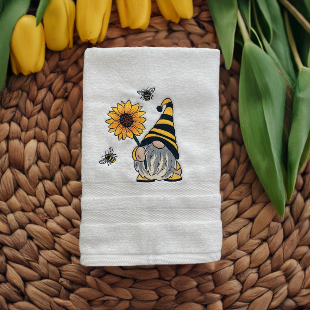 Bee- Gnome Design Embroidered  White hand Towel. Gifts. Bathroom Decor