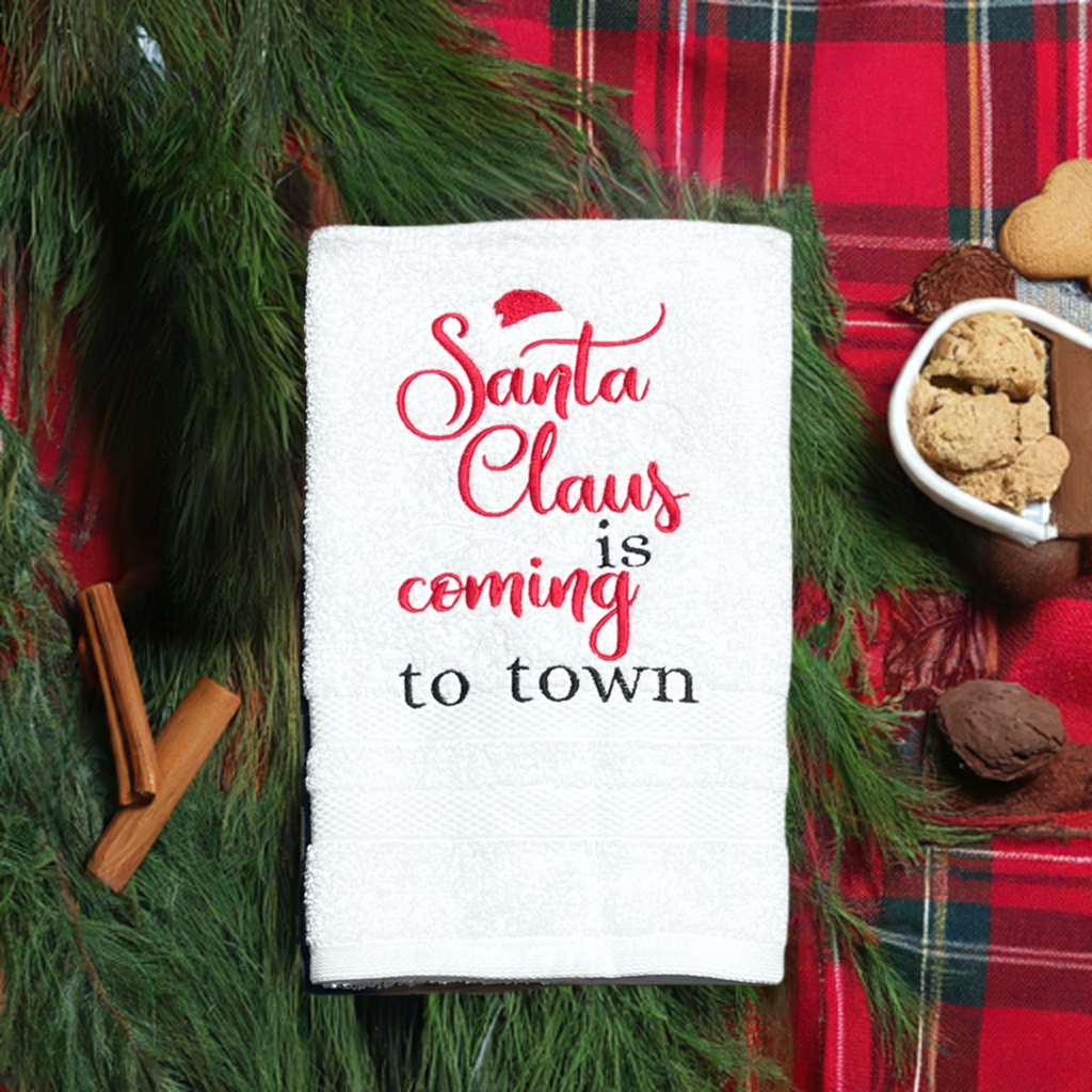 Christmas Hand Towel - Christmas-holiday Towels. Holiday Bathroom towels. Santa Clauss is Coming to Town Embroidered Hand Towel