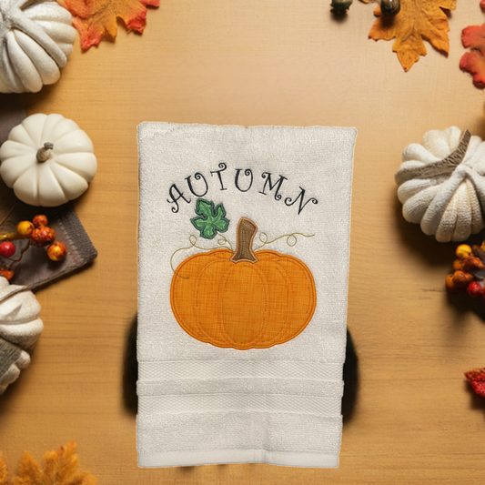 Fall Embroidered  White hand Towel. Autumn Pumpkin. Autumn. Fall, Thanksgiving.