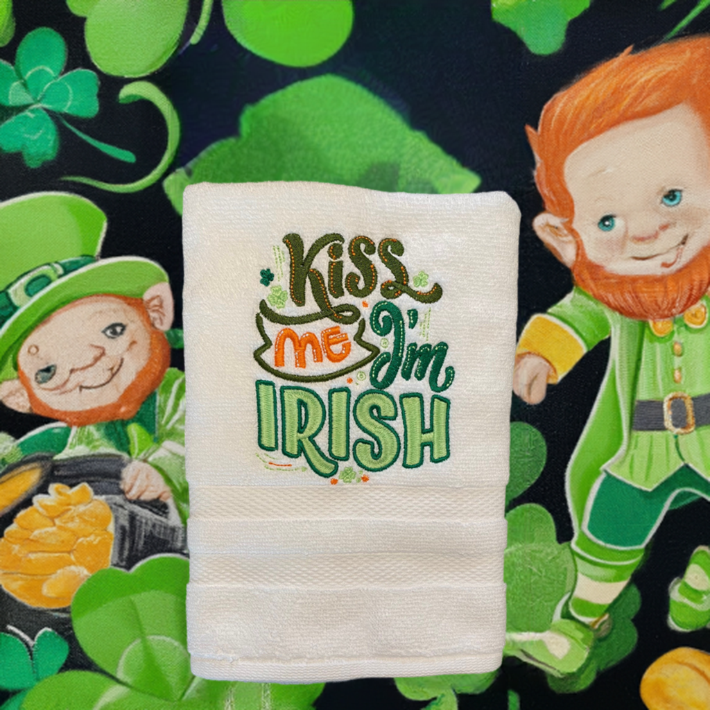 kiss Me I’m Irish Embroidered  White hand Towel. Bathroom Towel. Hand Towel. personalized Gifts. St. Patrick’s