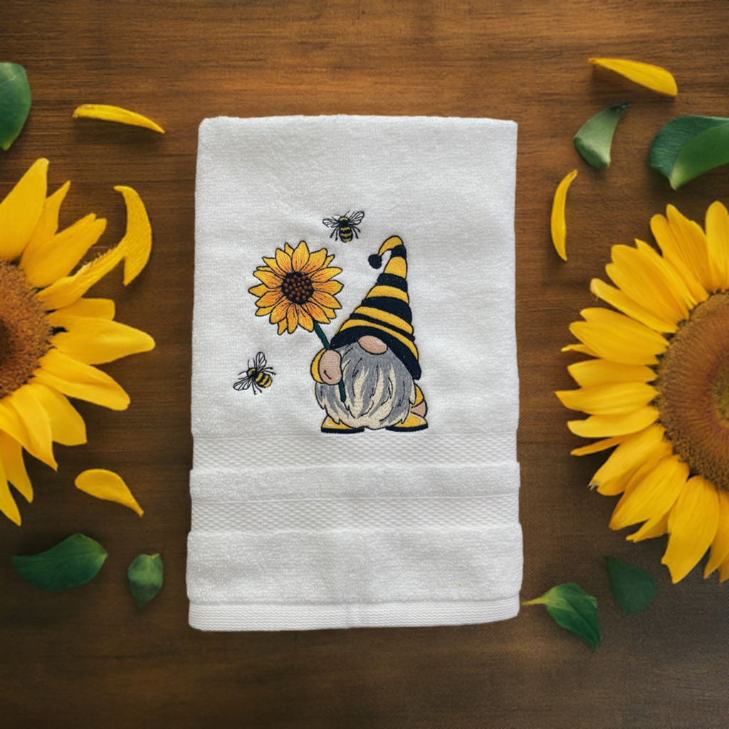 Bee- Gnome Design Embroidered  White hand Towel. Gifts. Bathroom Decor