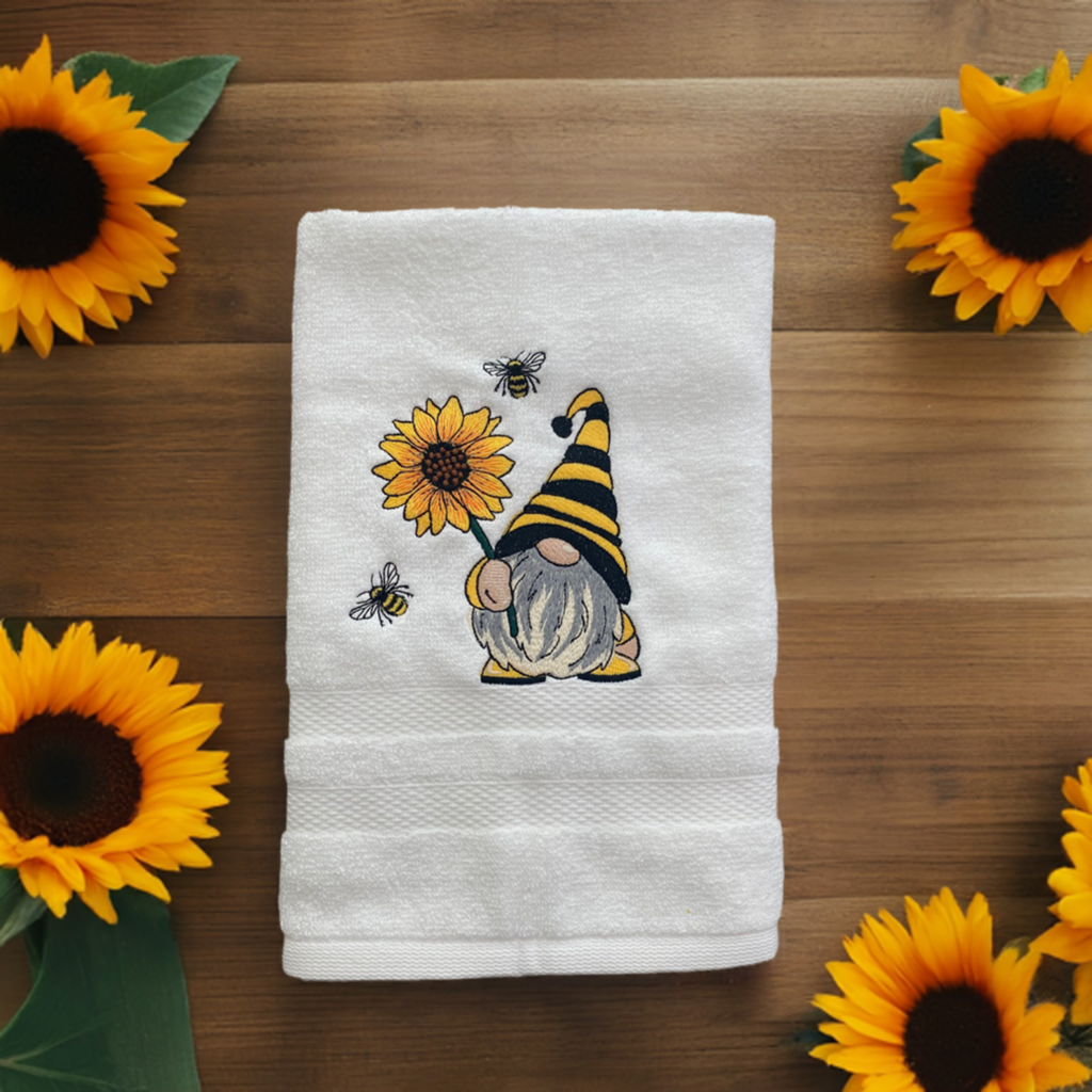 Bee- Gnome Design Embroidered  White hand Towel. Gifts. Bathroom Decor