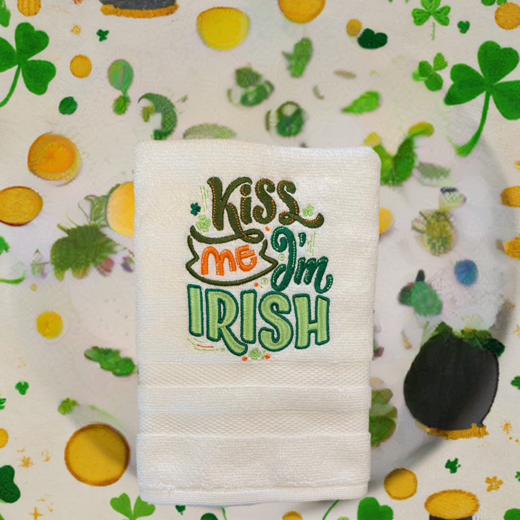 kiss Me I’m Irish Embroidered  White hand Towel. Bathroom Towel. Hand Towel. personalized Gifts. St. Patrick’s