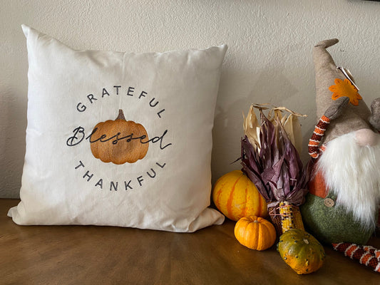 Fall Embroidered  White Pillow Cover. Blessings Pumpkin , Grateful, Thankful and Blessed Pillow Cover