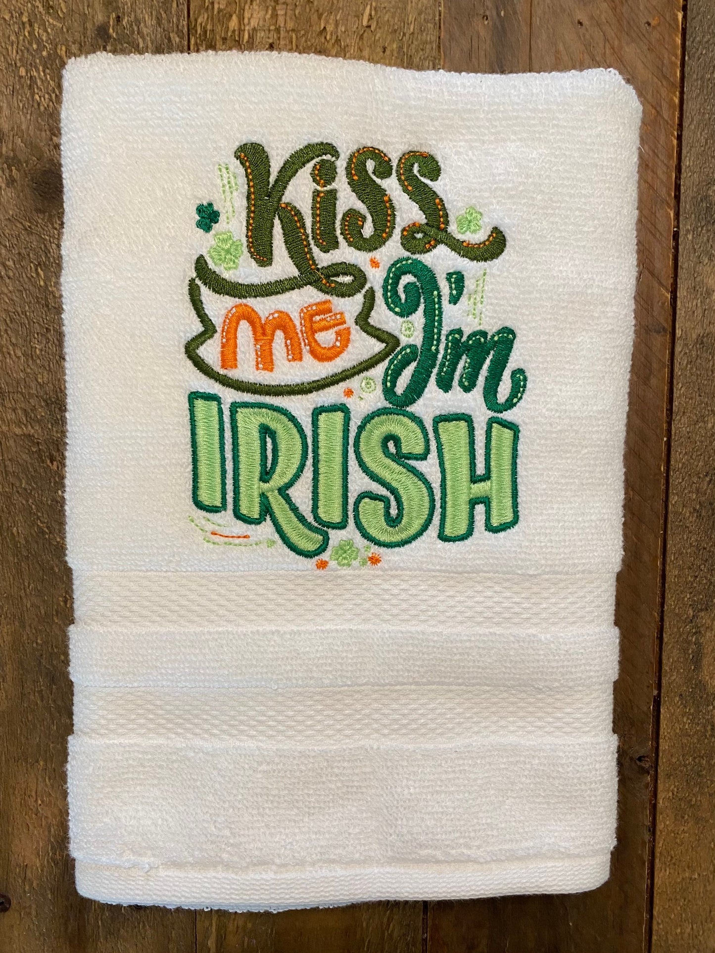 kiss Me I’m Irish Embroidered  White hand Towel. Bathroom Towel. Hand Towel. personalized Gifts. St. Patrick’s