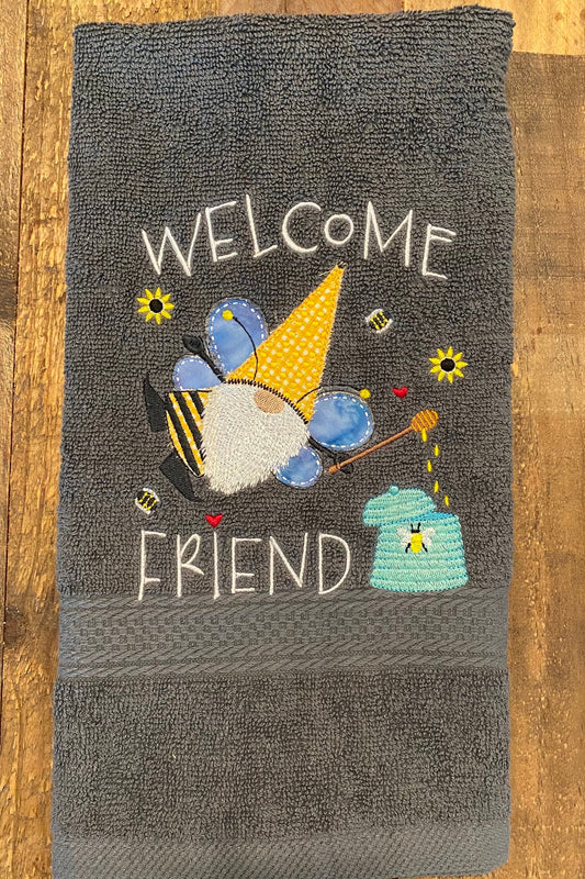 Welcome Friend - Gnome Embroidered gray hand Towel. Bathroom Towel. Hand Towel. Gnome. Gift. Personalized Gift.