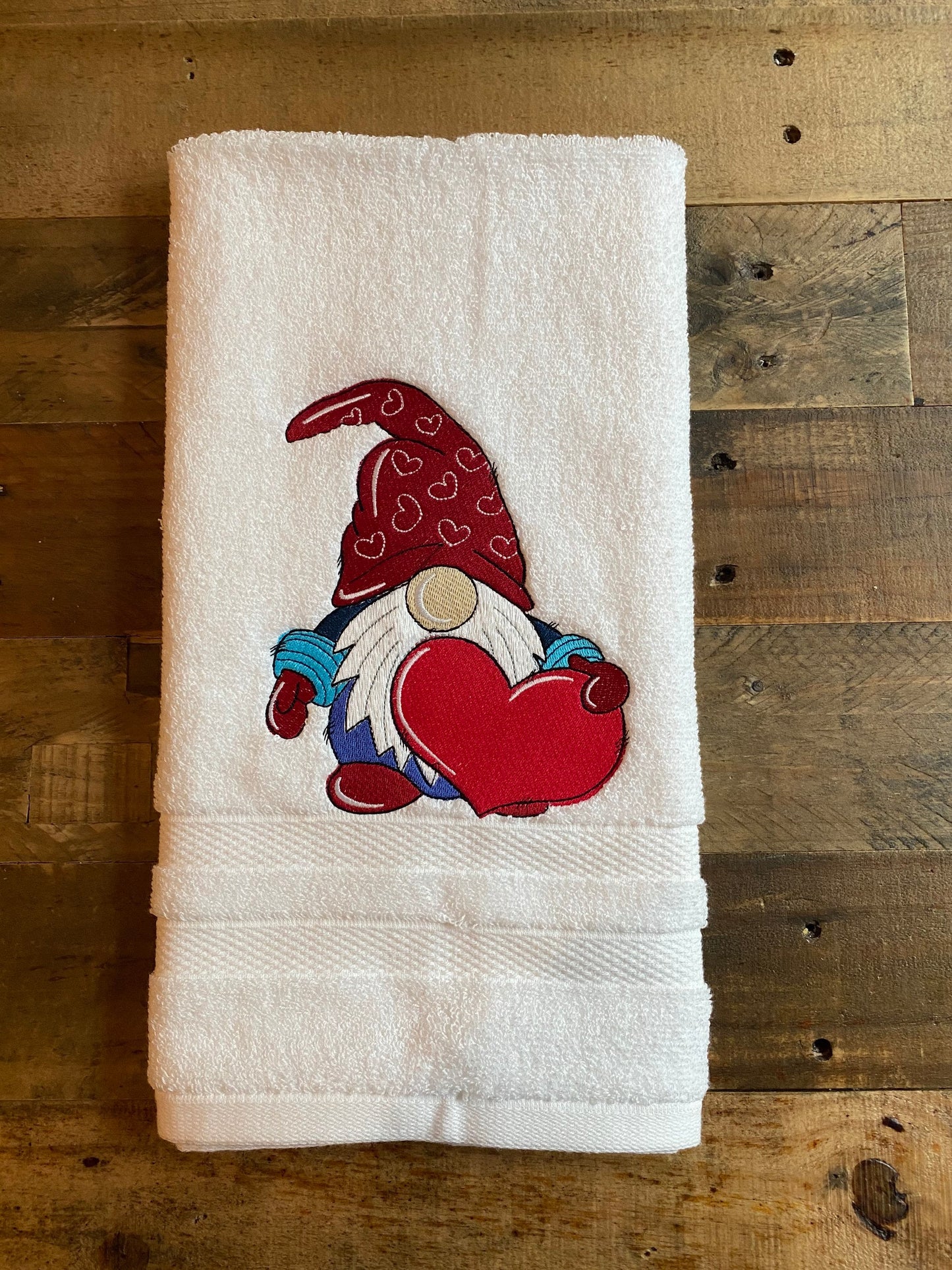 Valentine’s Gnome Hand Towel - Embroidered hand Towels. Bathroom towels. Embroidered. Gifts. Valentine’s