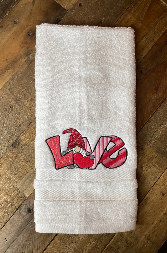 Valentine’s Love Gnome Hand Towel - Embroidered hand Towels. Bathroom towels. Embroidered. Gifts. Valentine’s