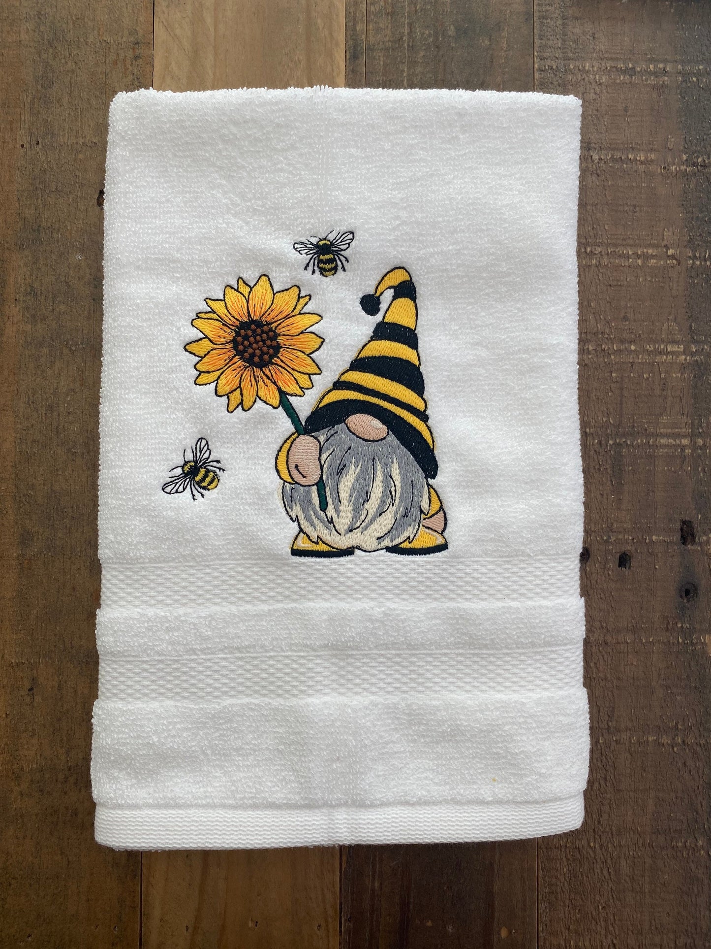 Bee- Gnome Design Embroidered  White hand Towel. Gifts. Bathroom Decor