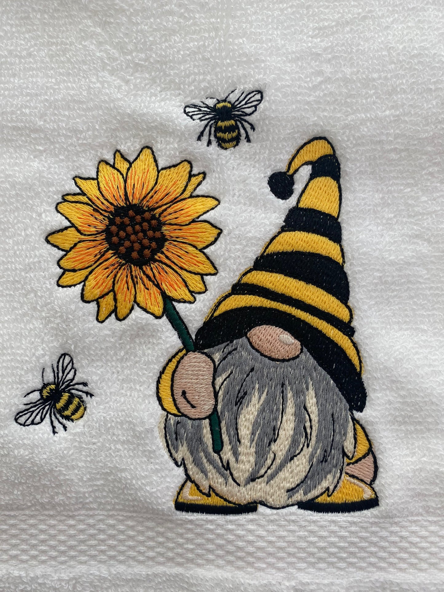 Bee- Gnome Design Embroidered  White hand Towel. Gifts. Bathroom Decor