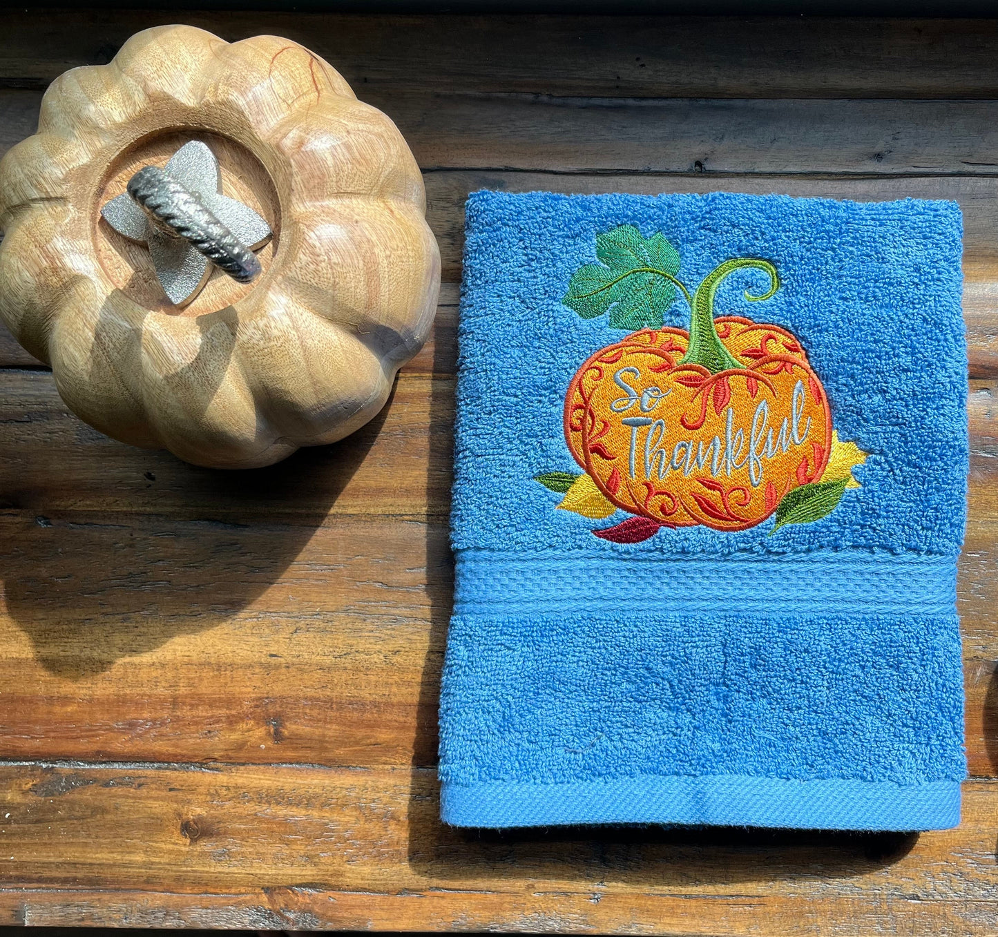 Fall Embroidered  White hand Towel. So Thankful Pumpkin . Blessings. Thanksgiving.