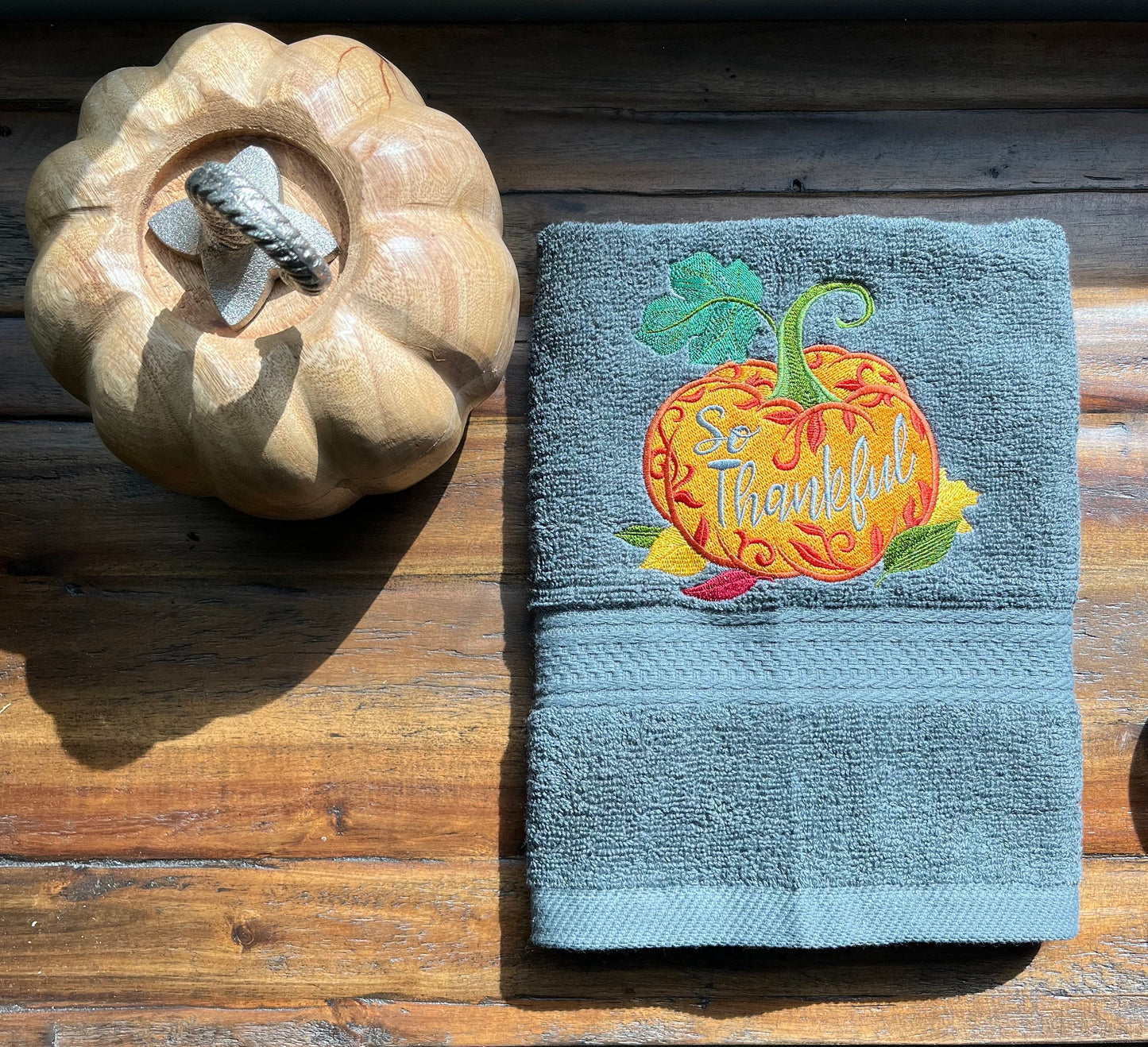 Fall Embroidered  White hand Towel. So Thankful Pumpkin . Blessings. Thanksgiving.