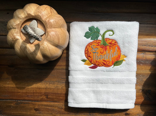 Fall Embroidered  White hand Towel. So Thankful Pumpkin . Blessings. Thanksgiving.