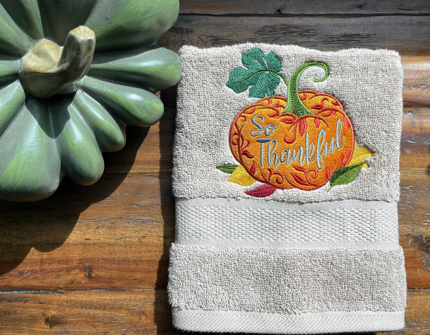 Fall Embroidered  White hand Towel. So Thankful Pumpkin . Blessings. Thanksgiving.